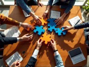 Diverse handen reiken naar het midden van een moderne bestuurskamer met zwevende puzzelstukjes boven houten tafel