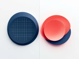 Geometrische compositie met gestructureerd raster links en vloeiende vormen rechts in marineblauw en koraal tinten
