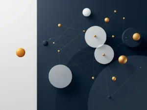 Minimalistische geometrische compositie met marineblauwe, grijze en gouden accenten die consultancy en strategie symboliseert