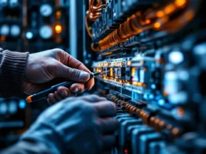 Vakkundige handen installeren moderne elektrische componenten in hightech bedieningspaneel met geavanceerde bedrading