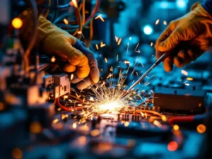 Elektricien in veiligheidshandschoenen werkt aan bedradingscomponenten in industrieel controlepaneel met vonken