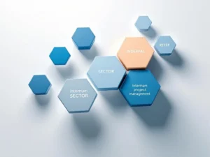Geometrische puzzelstukken in blauw en grijs vormen abstract organisatieschema met gemarkeerd interim management element