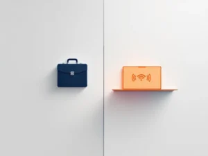Vergelijking interim werk versus ZZP: koffer icoon links, laptop met wifi symbolen rechts, gescheiden door diagonale lijn