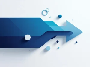 Blauwe pijl die door geometrische transformatiefasen evolueert van links naar rechts op witte achtergrond met cirkels