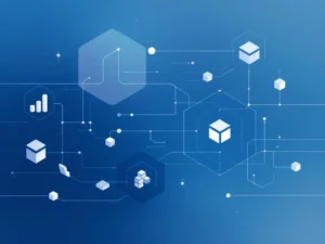 Geometrische projectmanagement elementen met onderling verbonden zeshoeken en lineaire workflows in blauw-wit kleurschema