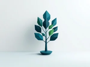 Geometrische boom met hoekige takken in donkerteal en groene bladeren, symbool voor organisatorische groei en management