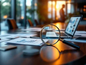 Mahonie vergadertafel met laptop met recruitment analytics, vergrootglas en kandidaatprofielen in modern kantoor