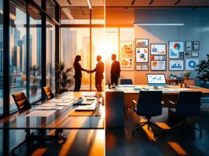 Gesplitst scherm toont moderne wervingskantoor links en HR-werkruimte rechts met professionele documenten en meubels