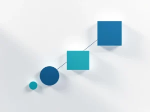 Geometrische vormen in blauw en teal die het wervingsproces weergeven, gerangschikt in oplopende volgorde op witte achtergrond