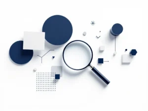 Vergrootglas icoon omringd door abstracte geometrische vormen in navy en grijs, voorstellend recruitment besluitvorming