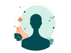 Geometrische menselijke silhouet in diepblauw met wellness iconen zoals hartslag en blad op witte achtergrond
