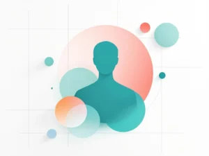 Gecentreerde teal menselijke silhouet omringd door koraal en mintgroene cirkels op witte achtergrond voor werkplek wellness