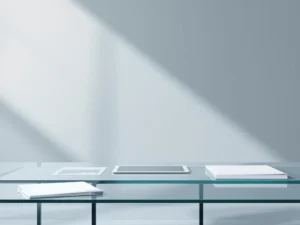 Moderne glazen vergadertafel met tablet, grafieken en opwaartse pijl in minimalistische kantooromgeving