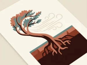 Eik buigt in sterke wind met zichtbaar wortelstelsel in donkere aarde, minimalistische illustratie in gedempte blauwgroen en terracotta tinten.