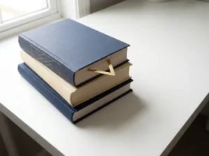 Stapel hardcover boeken met marineblauw en crème omslagen op wit bureau, geometrische koperen boekenlegger in zacht natuurlijk licht.