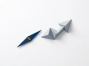 Kompasnaald wijst naar opwaartse geometrische groeigrafiek op witte ondergrond, marineblauw met amberkleurig accent.