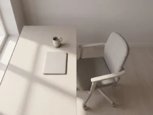 Lege bureaustoel bij wit bureau met gesloten laptop en onaangeroerde koffiekop in zacht ochtendlicht, minimalistische werkplek.