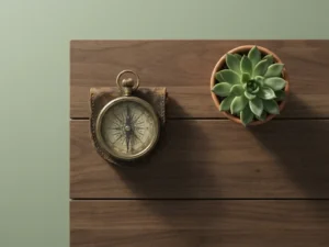 Verweerd koperen kompas naast groene vetplant op eikenhouten bureau, zacht ochtendlicht, minimalistische compositie